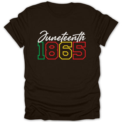 Black t-shirt with "Juneteenth 1865" text in red, yellow, and green.
