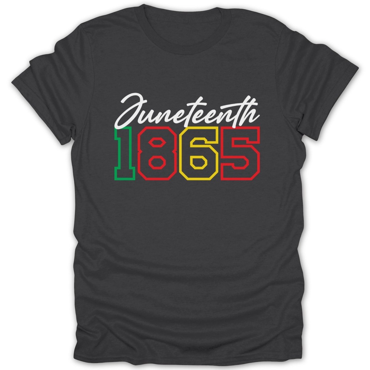 Black t-shirt with "Juneteenth 1865" in red, green, and yellow.