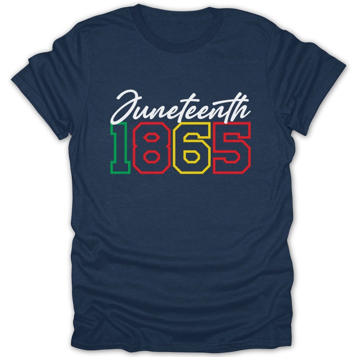 Navy t-shirt with Juneteenth 1865 text in red, yellow, and green.