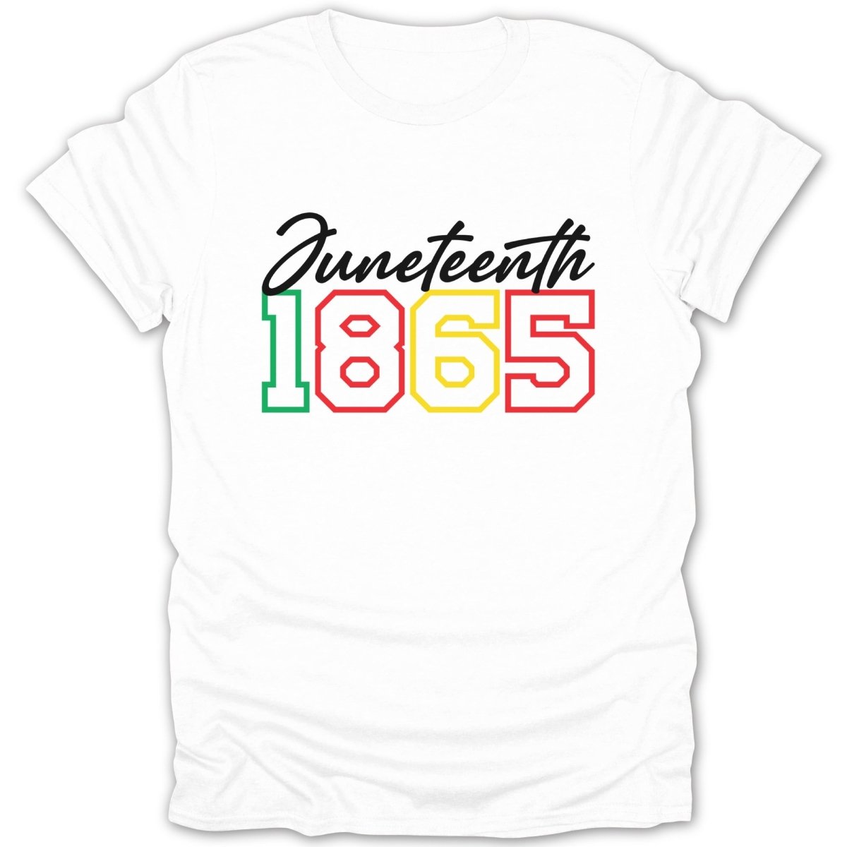 Juneteenth 1865 graphic on a white t-shirt.