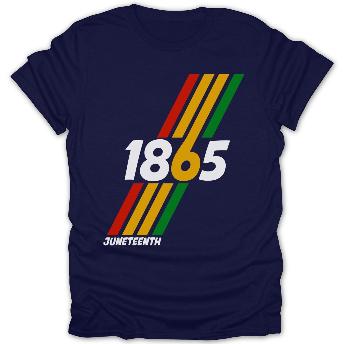Navy t-shirt with bold "1865 JUNETEENTH" text and red, yellow, green stripes.