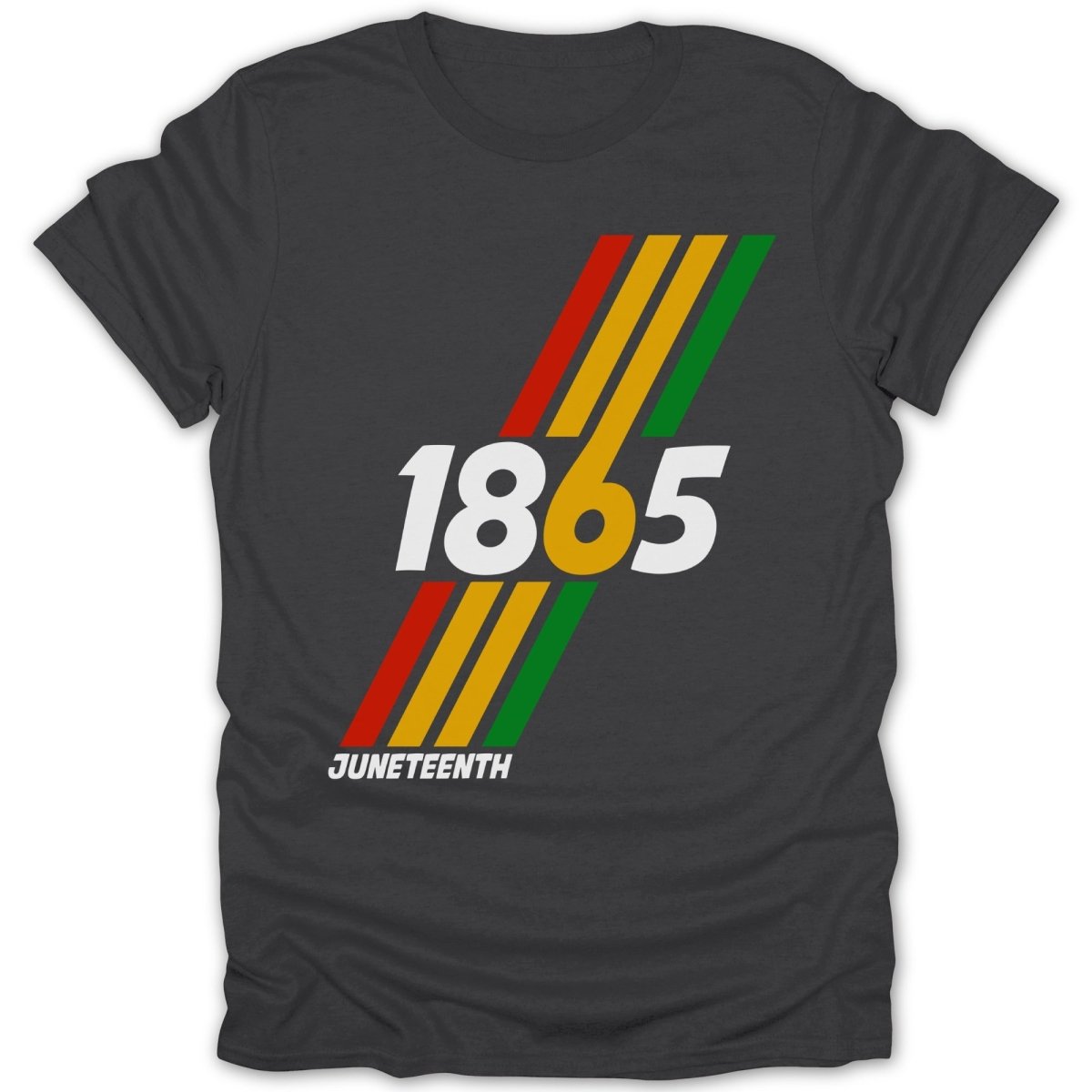 Dark grey t-shirt with "1865 JUNETEENTH" and colorful diagonal stripes.