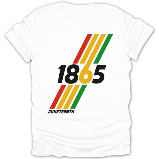 T-shirt with "1865 JUNETEENTH" and Pan-African flag stripes.