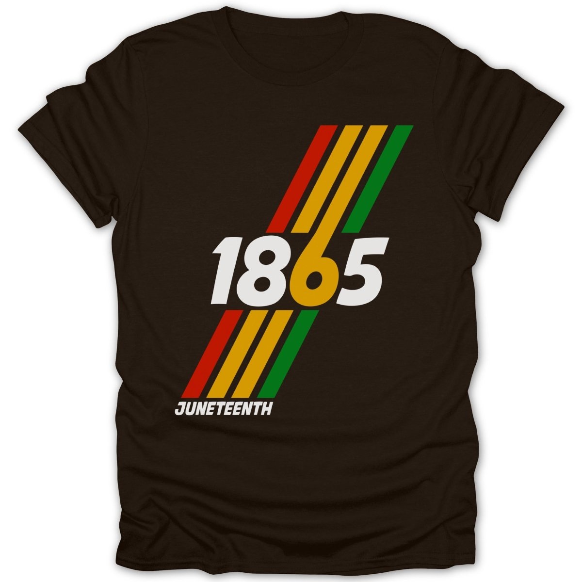 Brown t-shirt with 1865 Juneteenth text and red, yellow, and green stripes.