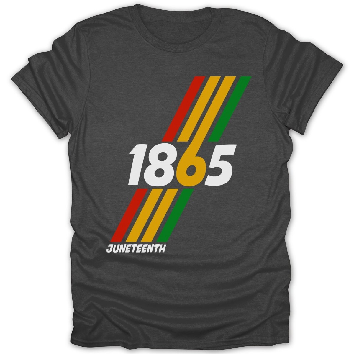 Dark gray t-shirt with "1865 JUNETEENTH" text and colorful stripes.