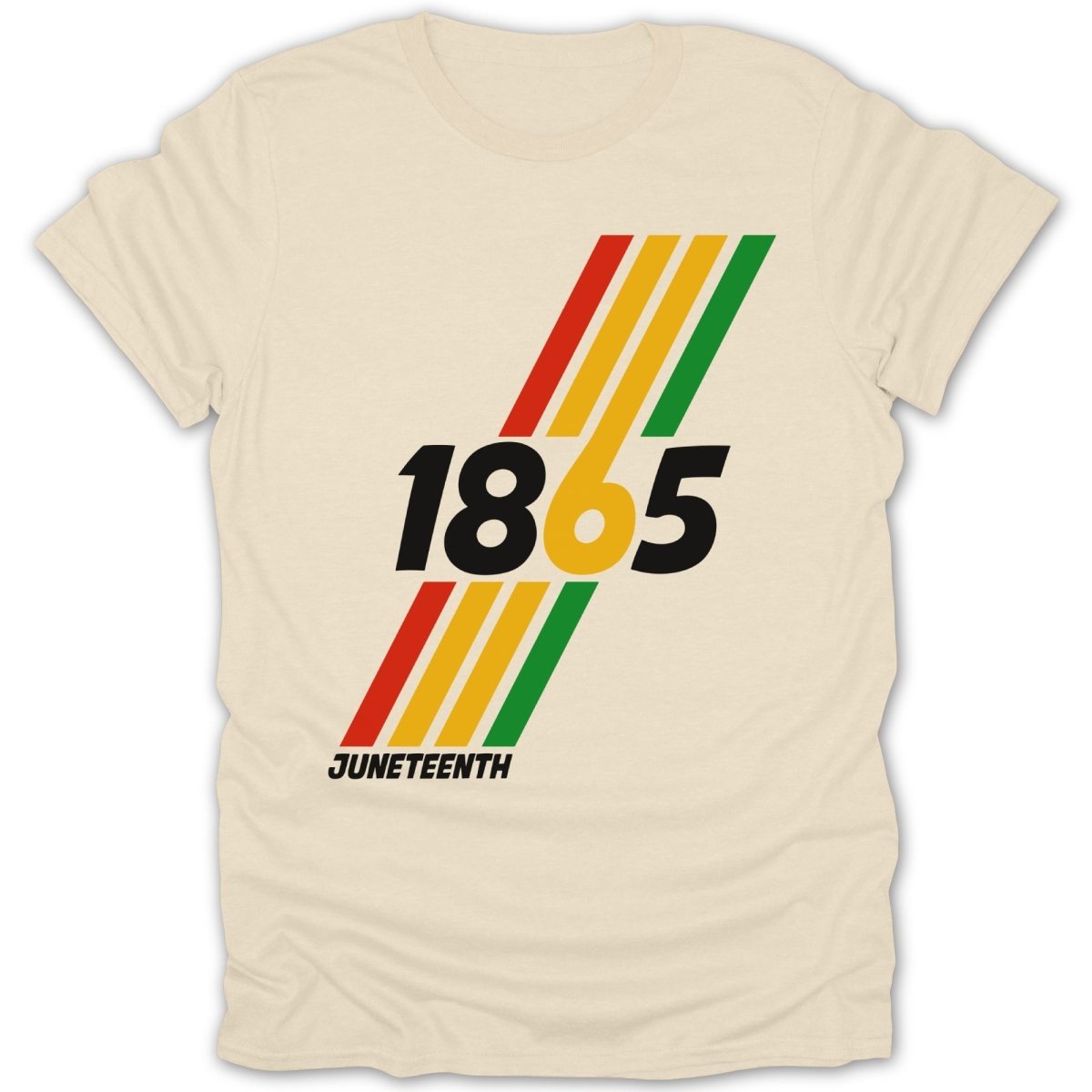 Cream t-shirt with "1865 JUNETEENTH" and red, gold, and green stripes.