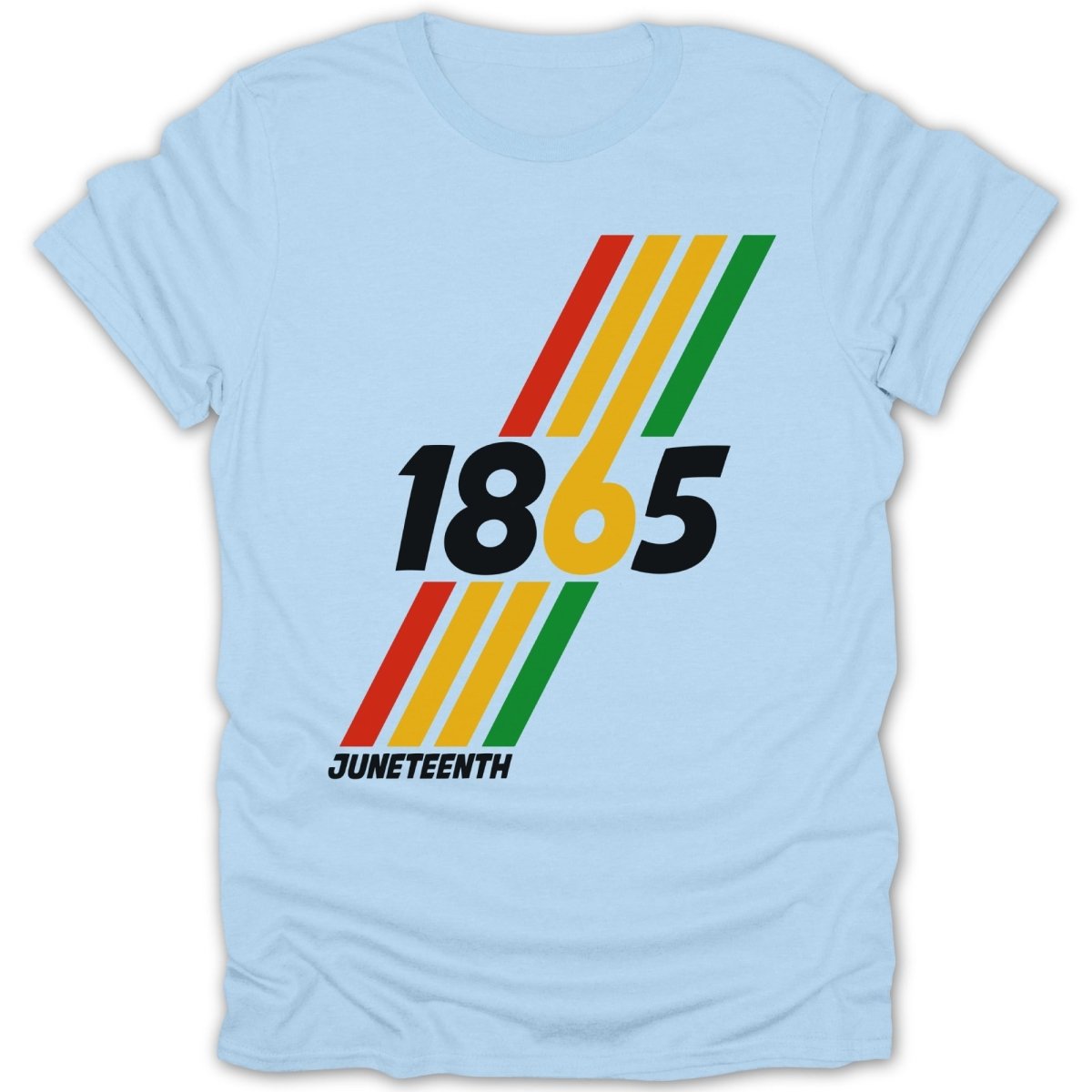 Light blue t-shirt with "1865" in bold black text and colorful stripes.