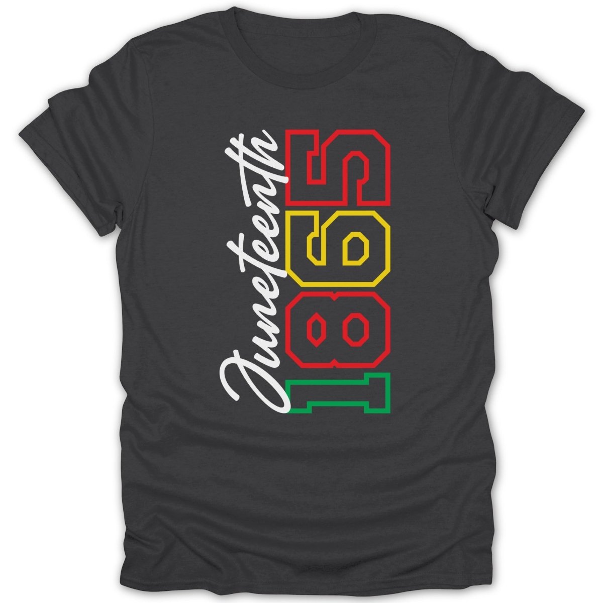 Black t-shirt with "Juneteenth 1865" in red, yellow, and green text.
