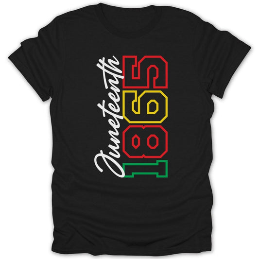 Black t-shirt with "Juneteenth 1865" in red, yellow, and green.