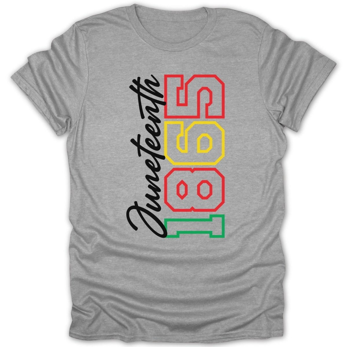 Juneteenth 1865 text on a gray t-shirt.