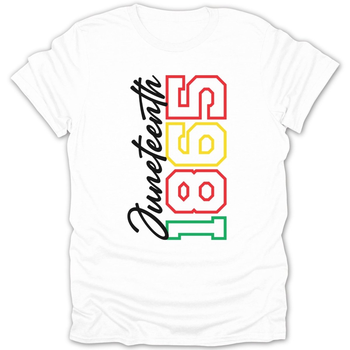 Juneteenth 1865 text design on a white t-shirt.