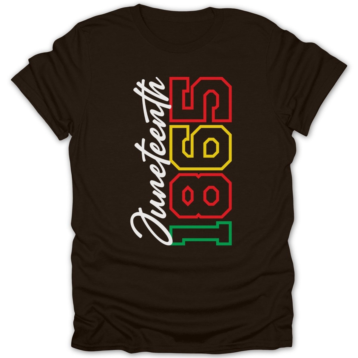 Black t-shirt with "Juneteenth 1865" text in red, yellow, and green.
