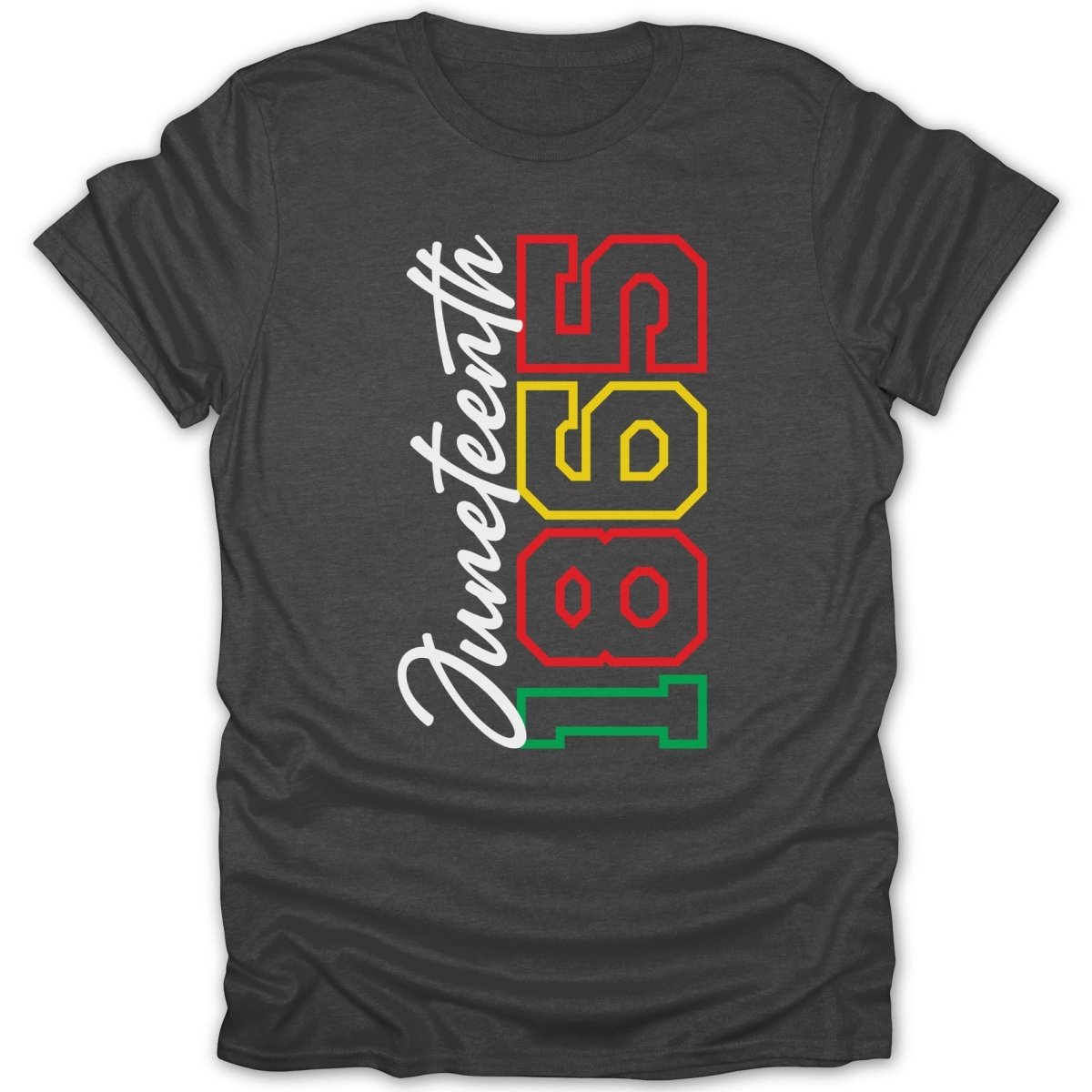 Dark t-shirt with Juneteenth 1865 graphic in red, yellow, and green.