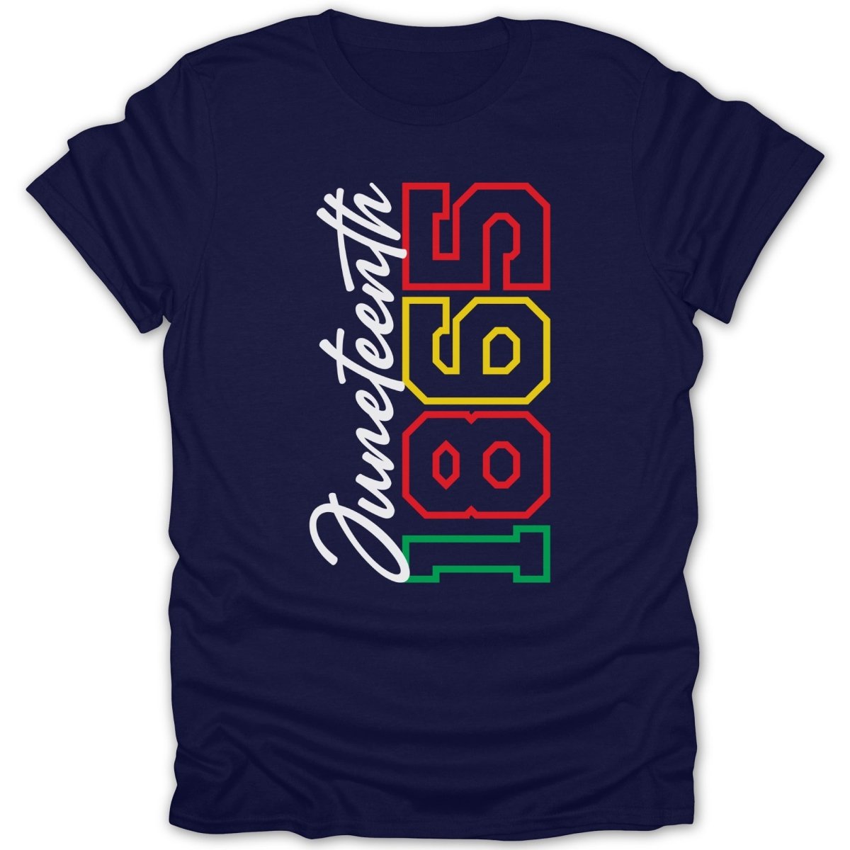 Navy t-shirt with white "Juneteenth" and colored "1865" text.