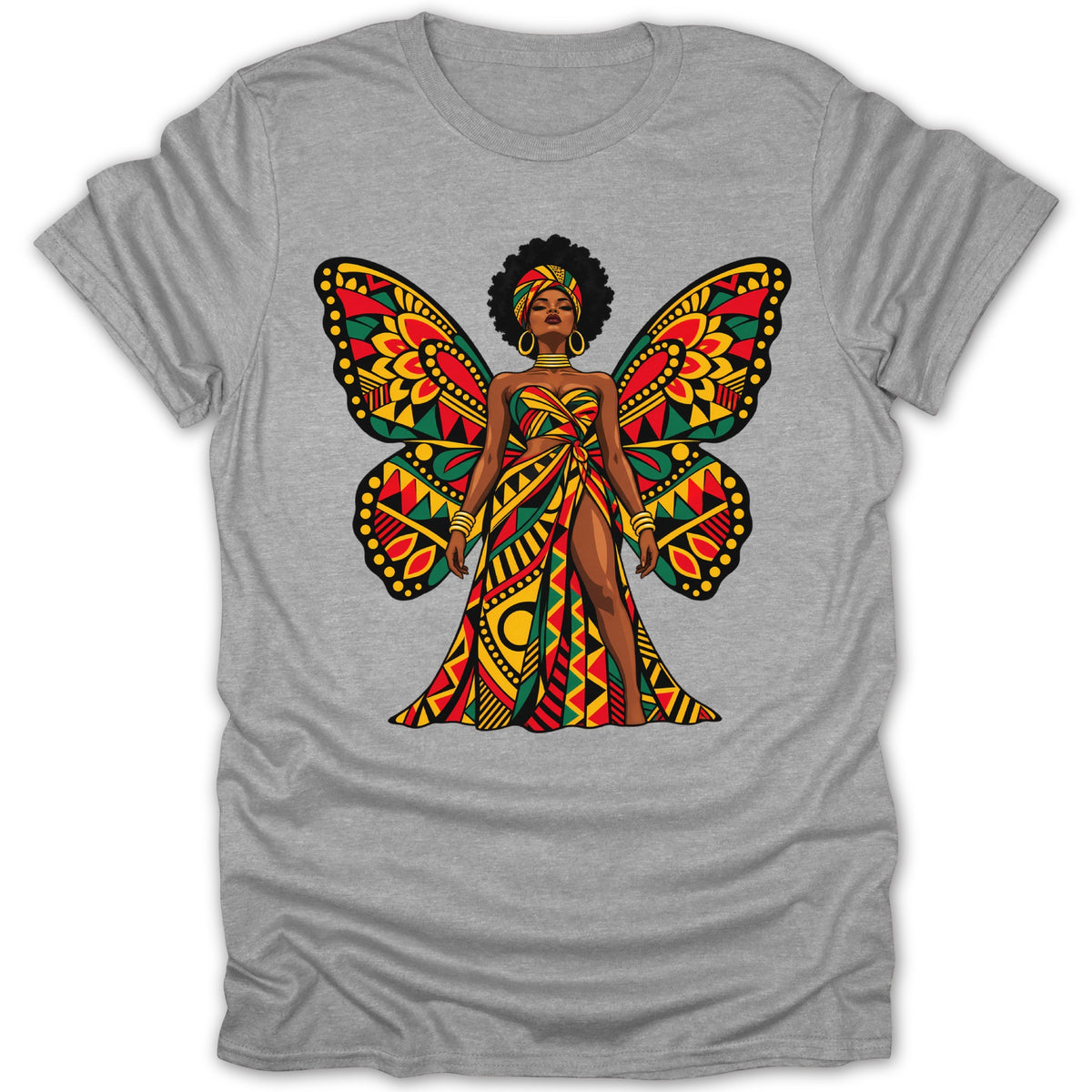 Woman with butterfly wings wearing patterned dress and headwrap.