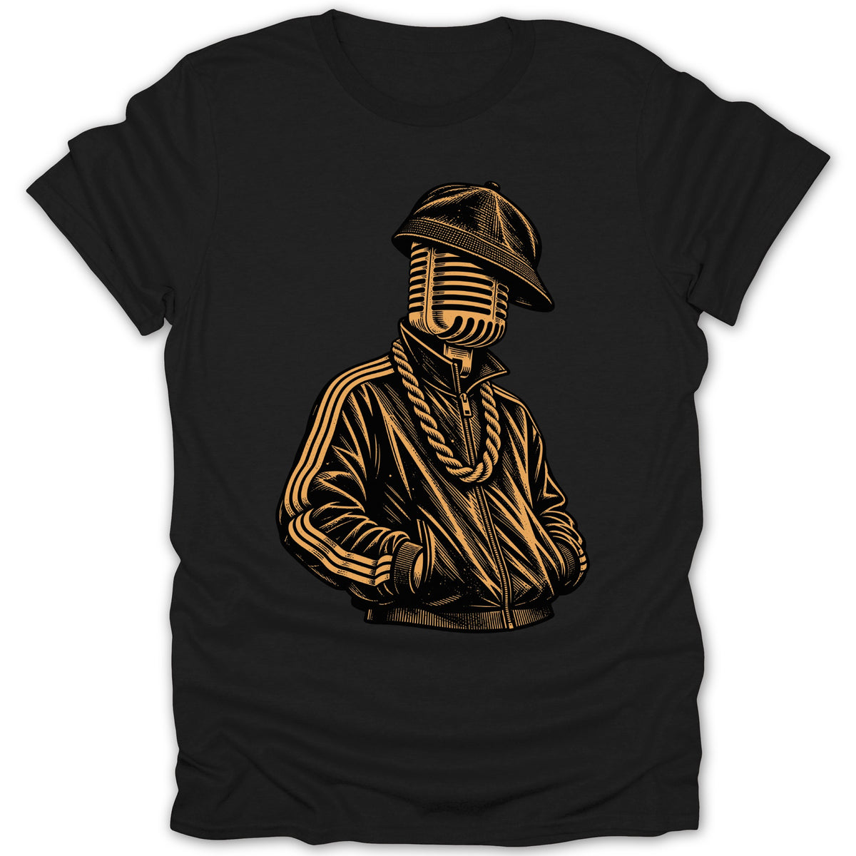 Illustration of a microphone with a baseball cap and a gold chain on a black t-shirt.