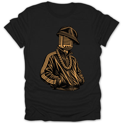 Illustration of a microphone with a baseball cap and a gold chain on a black t-shirt.