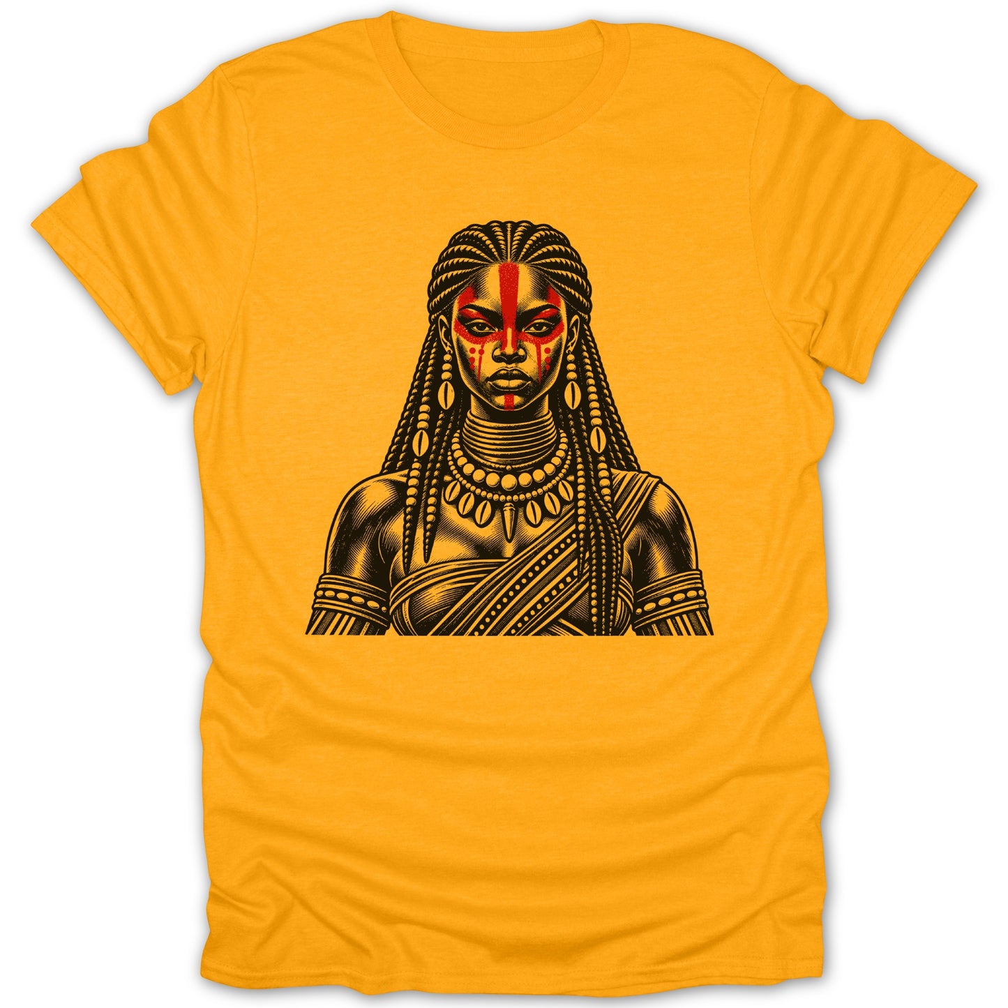 Black and white illustration of a woman with braids and face paint on a yellow t-shirt.