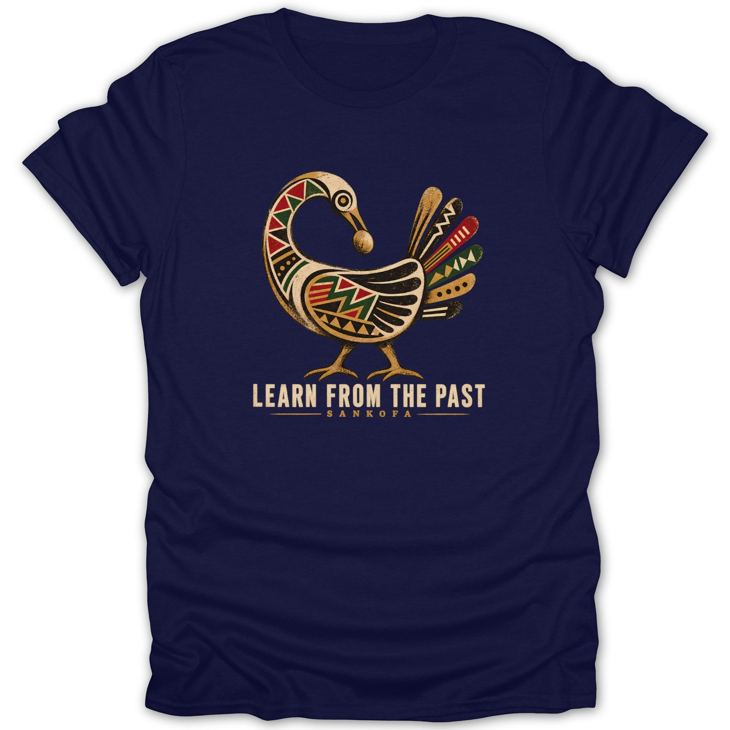 Navy t-shirt with a graphic of a colorful Sankofa bird and text "LEARN FROM THE PAST SANKOFA".