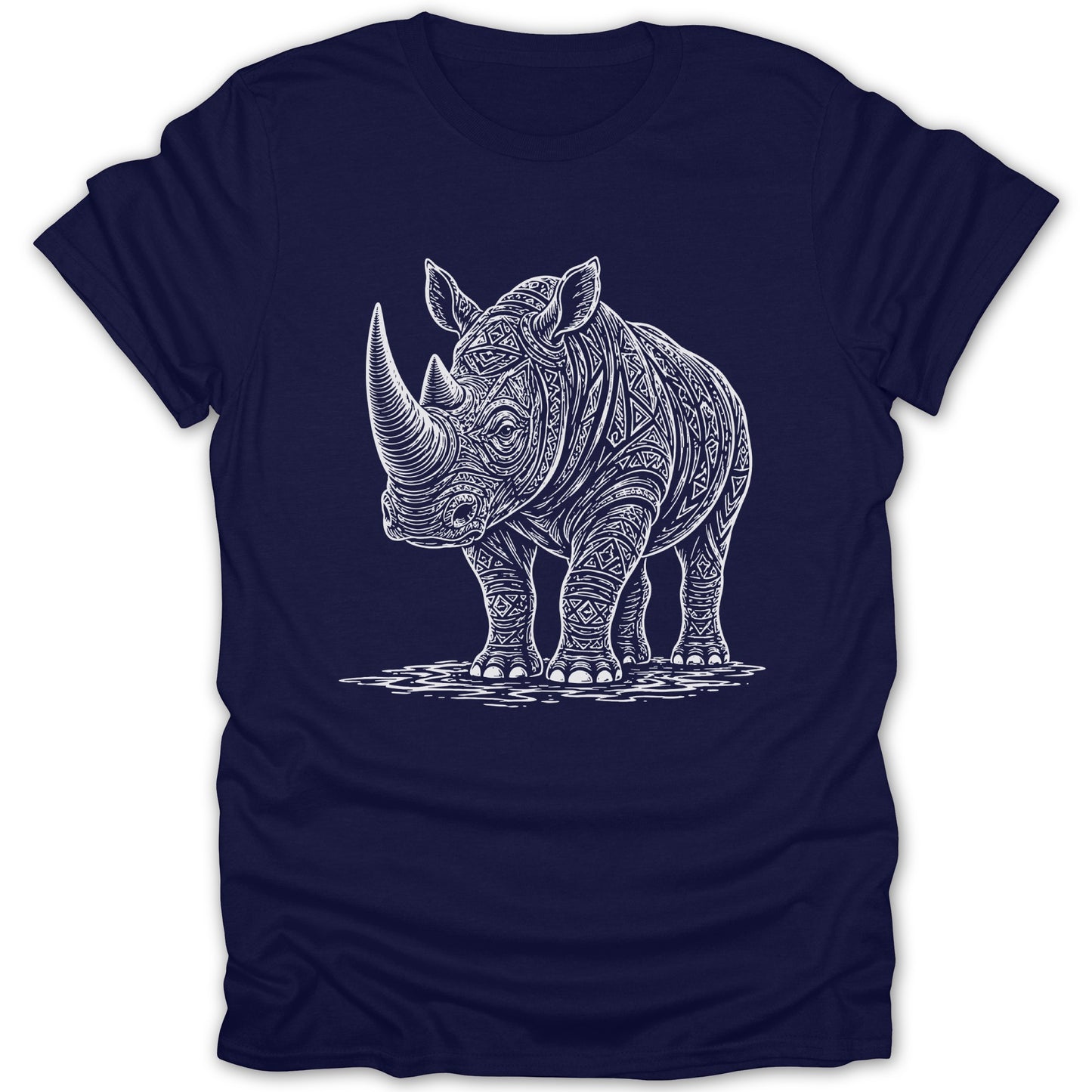 White abstract patterned rhinoceros graphic on a navy blue t-shirt.