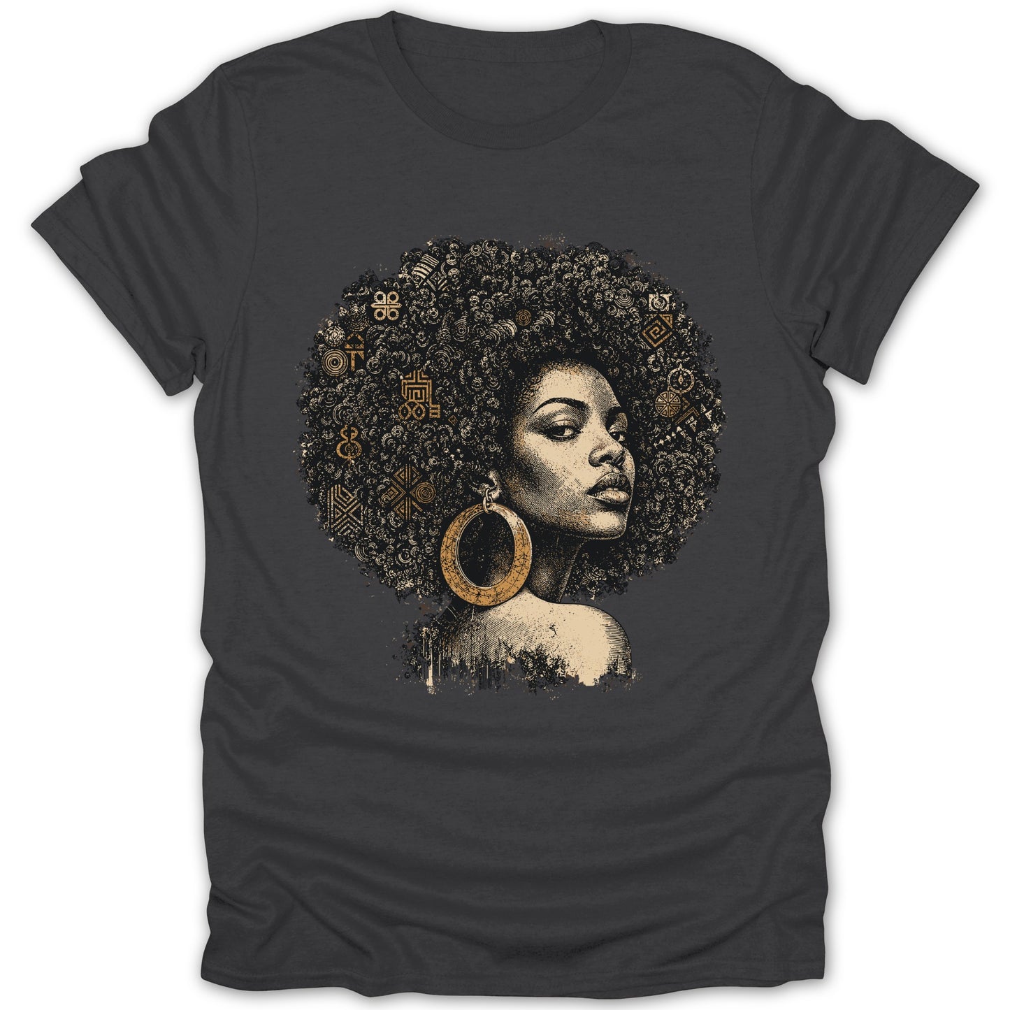 T-shirt with a woman's portrait, large hoop earring, and patterned afro.