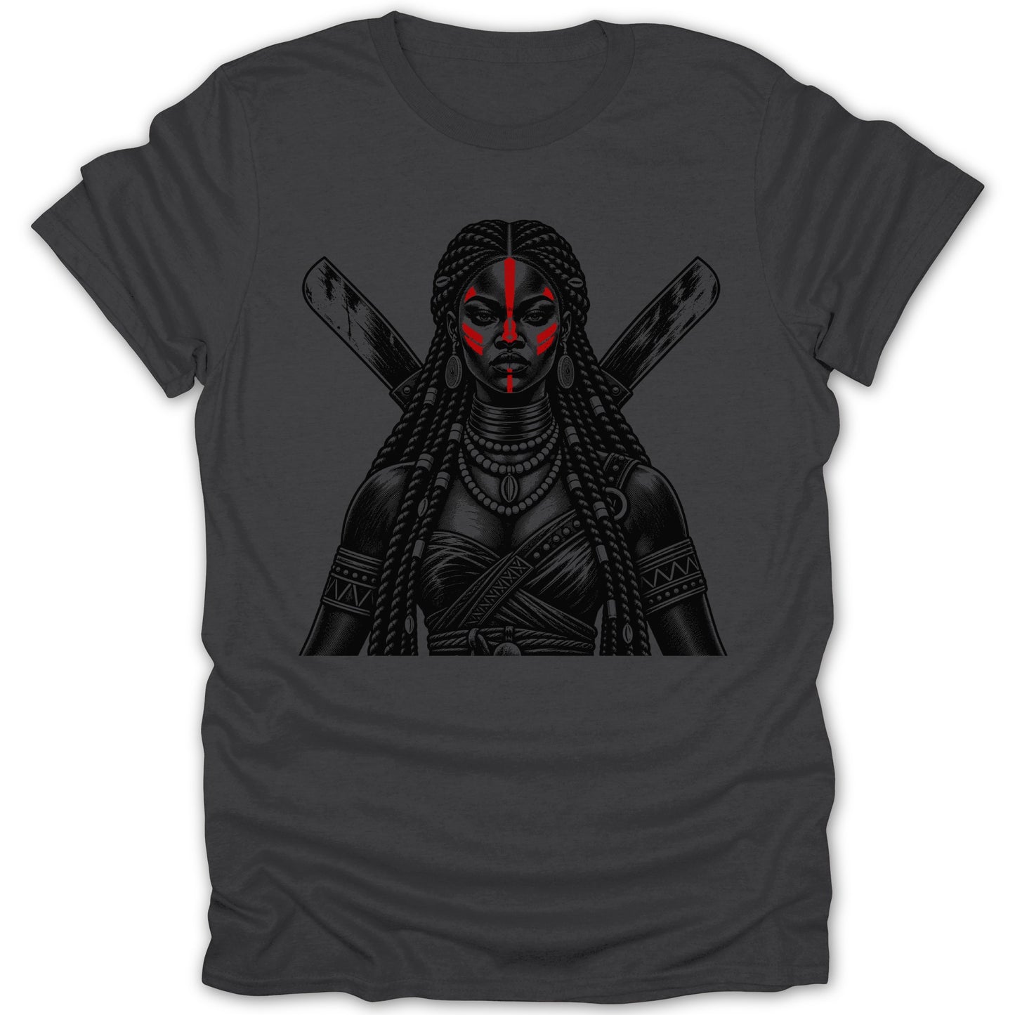 Illustration of a warrior woman with red face paint and crossed weapons.