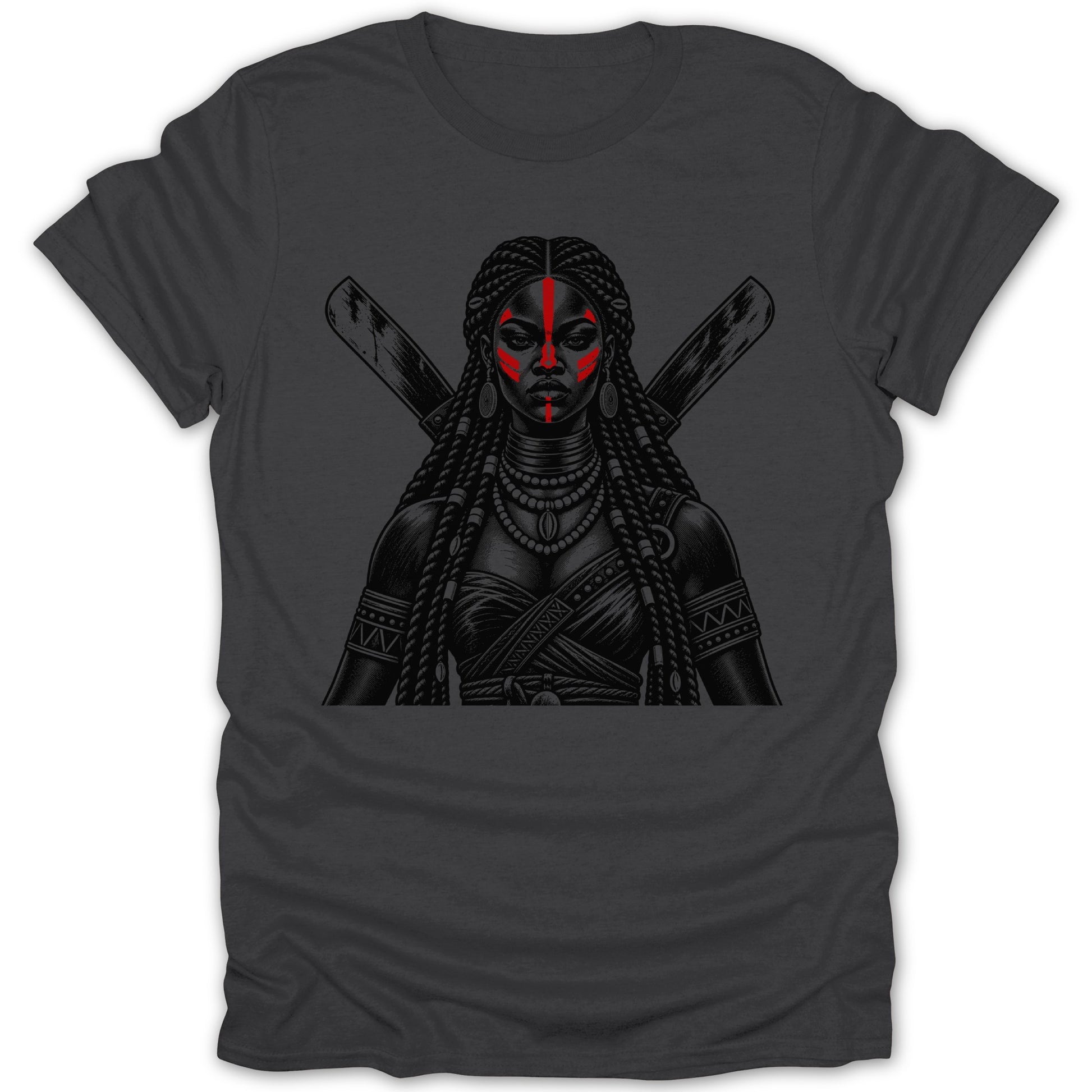 Illustration of a warrior woman with red face paint and crossed weapons.