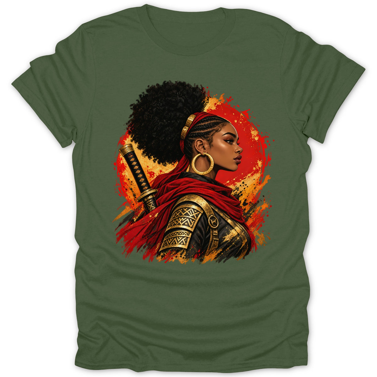 Illustration of a warrior woman with a samurai sword and red cape.