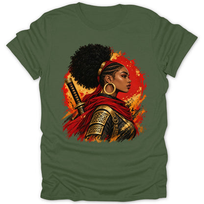 Illustration of a warrior woman with a samurai sword and red cape.