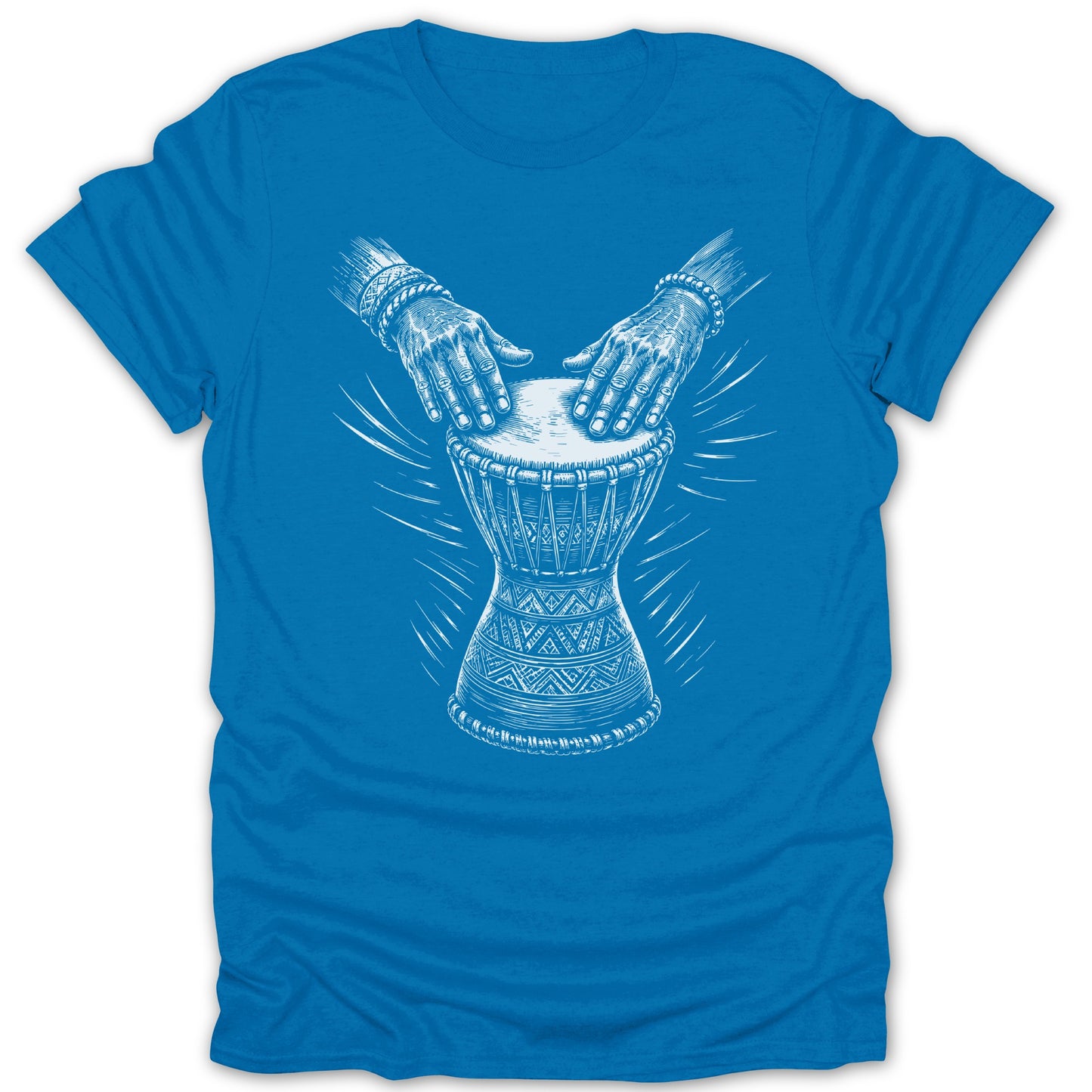 White illustration of hands playing a djembe drum on a blue t-shirt.