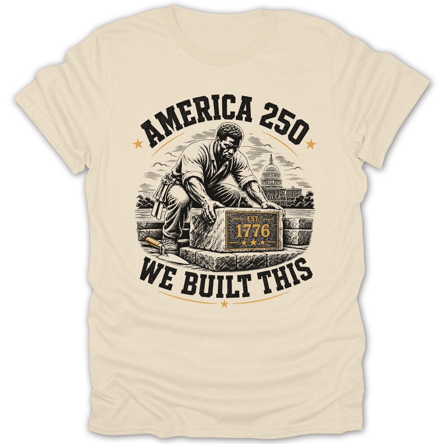 America 250: Man laying bricks with the Capitol building and "Est. 1776" in background.