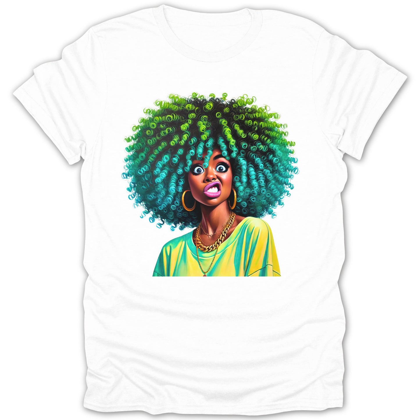 Quirky Cartoon Character with Colorful Afro T-shirt product type