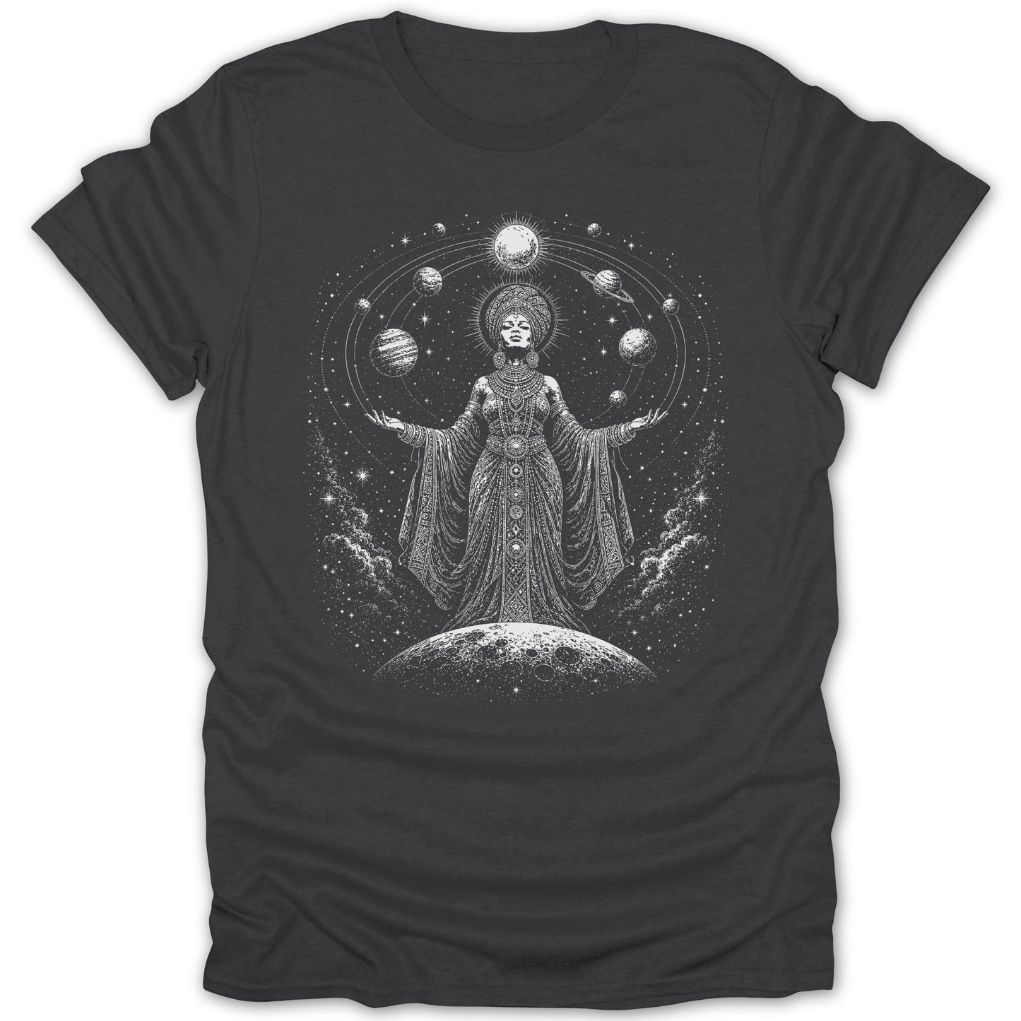 Illustration of celestial goddess with planets in orbit around her on a dark shirt.