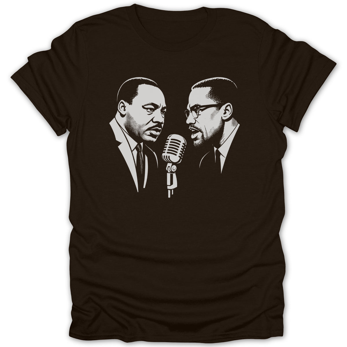 Martin Luther King Jr. and Malcolm X facing a microphone on a dark t-shirt.