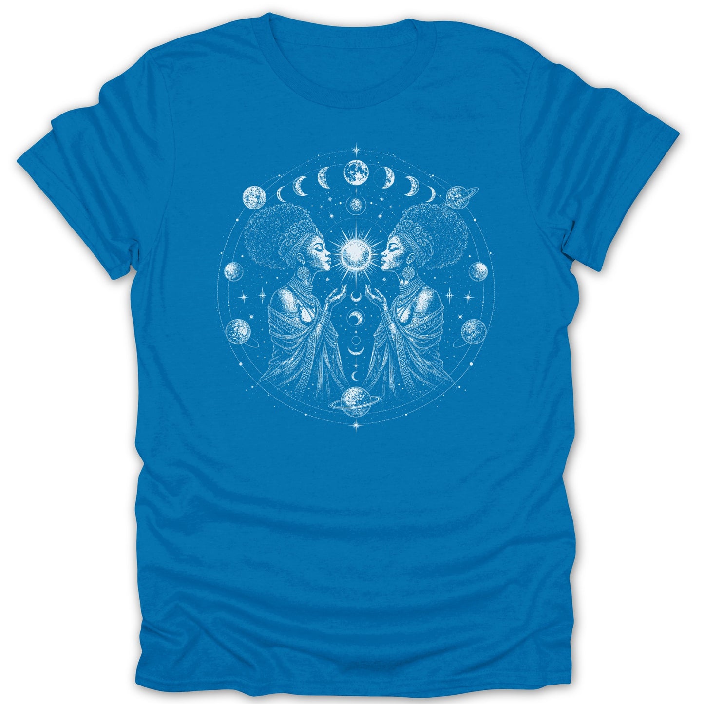 White line art of two women with crowns, sun, moon phases, and planets on a blue t-shirt.
