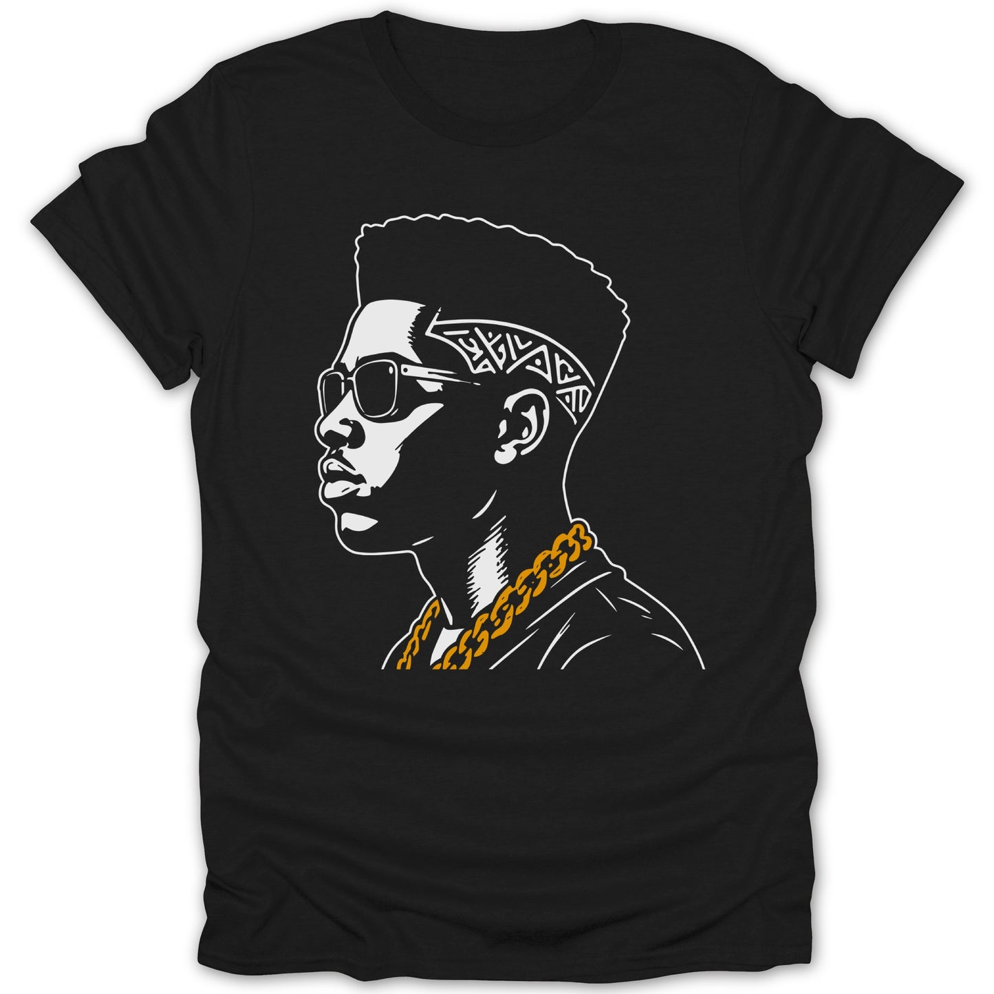Black t-shirt with a graphic of a man's profile wearing sunglasses and a gold chain.
