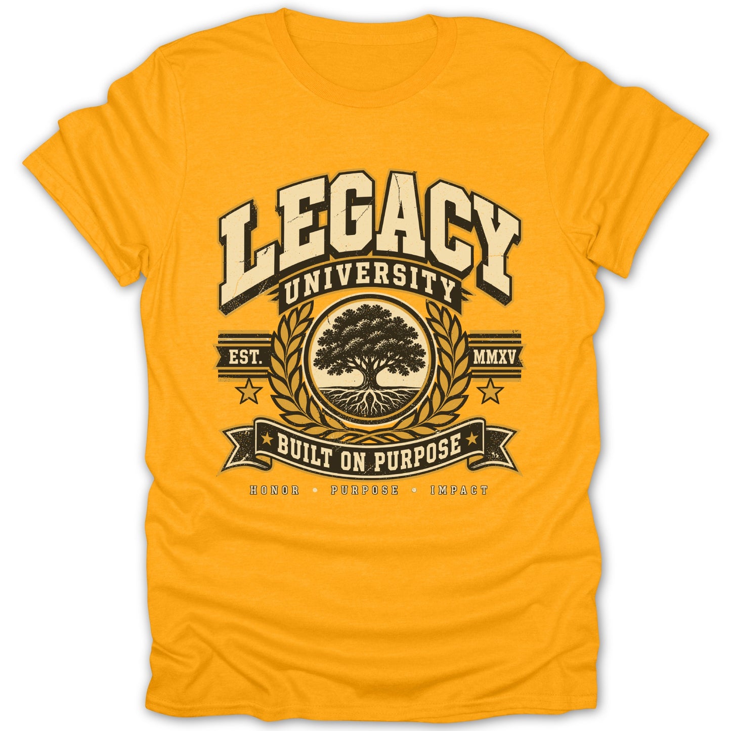 Yellow t-shirt with "Legacy University Built On Purpose" design and a tree logo.