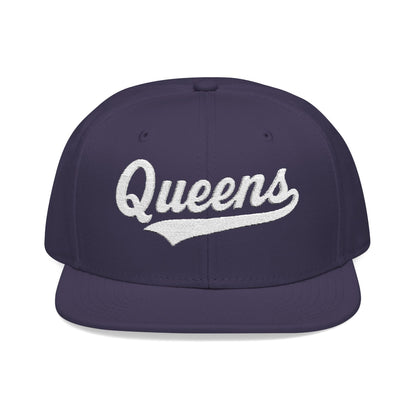 Purple baseball cap with "Queens" embroidered in white script.