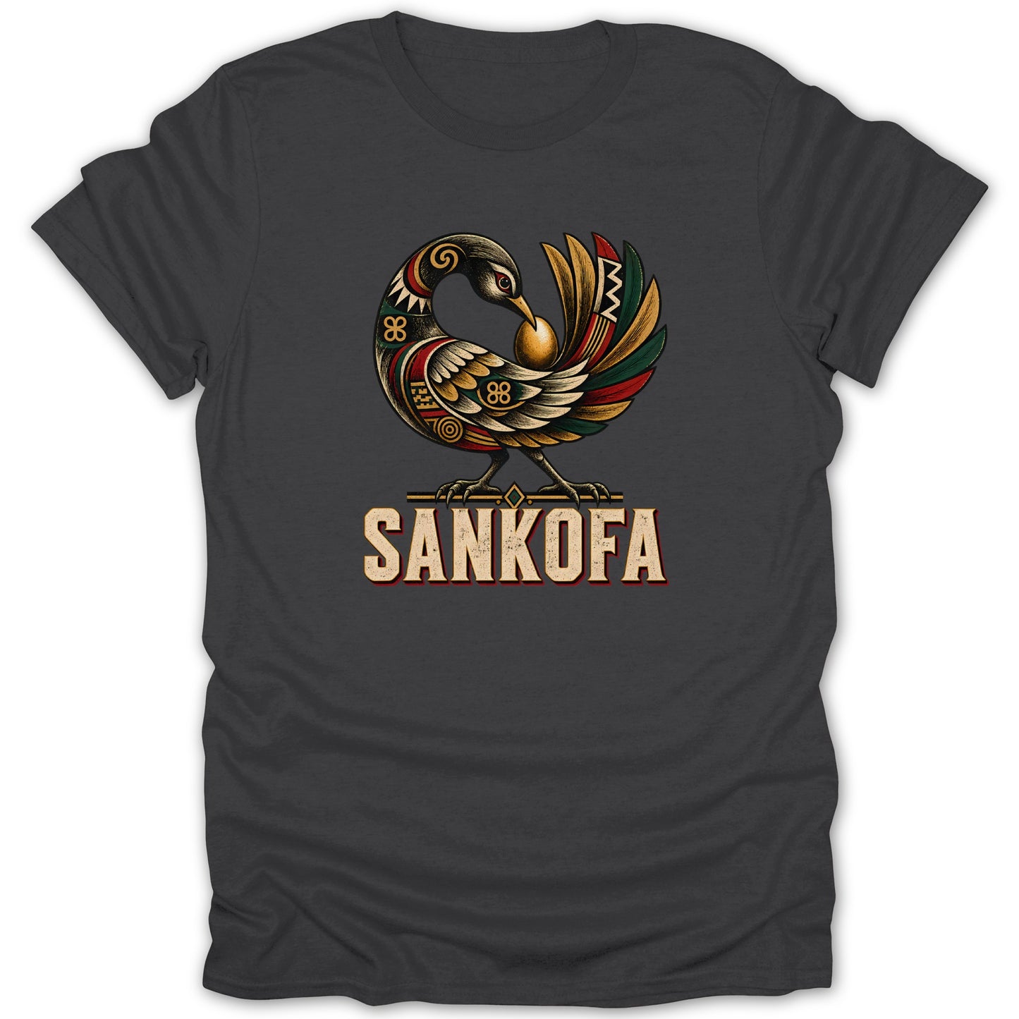 Sankofa bird graphic with gold egg and Sankofa text on dark grey t-shirt.