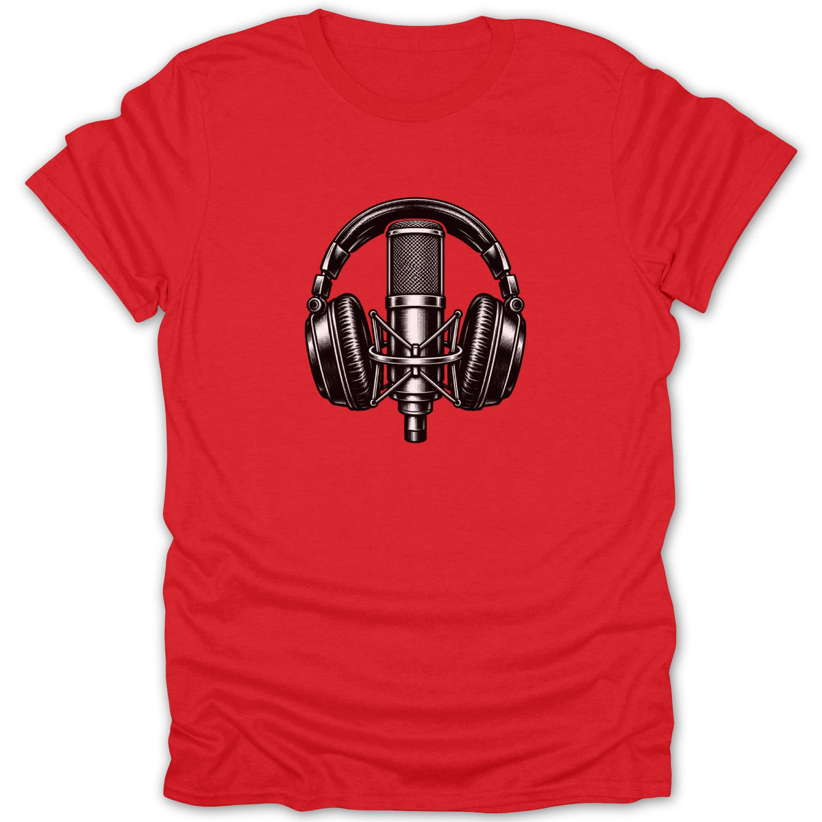 Red t-shirt with a black graphic of a studio microphone and headphones.