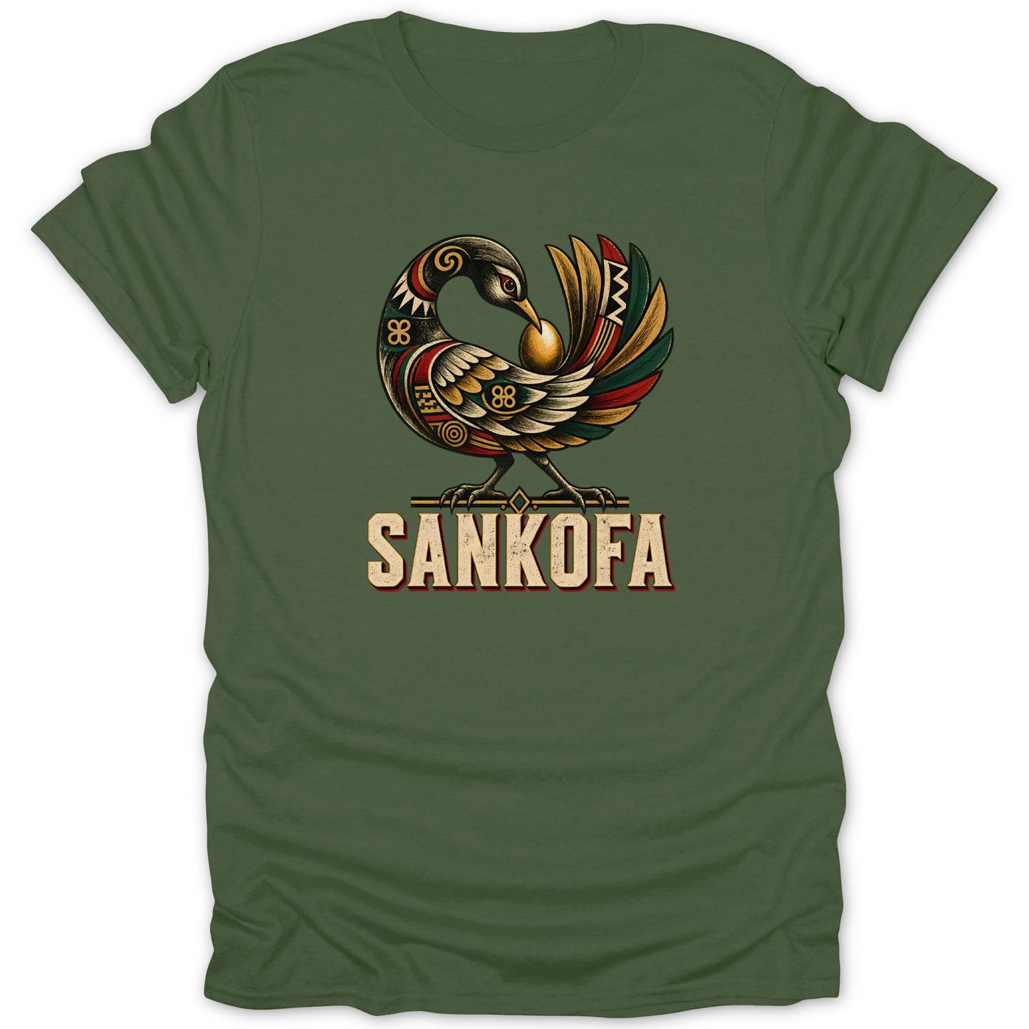 Green t-shirt with Sankofa bird holding an egg, text below reads SANKOFA.