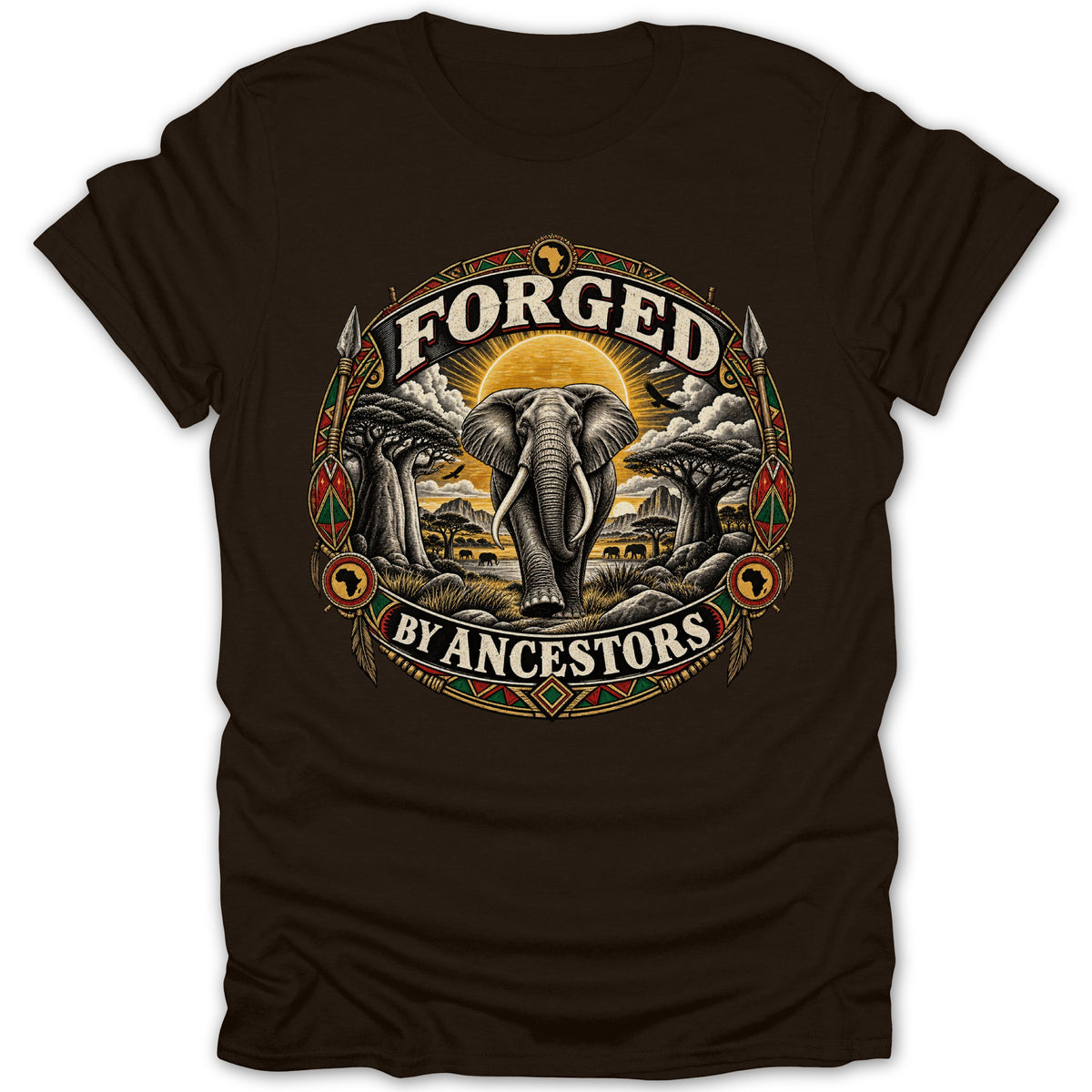 Elephant and baobab trees in a circle with text "FORGED BY ANCESTORS"