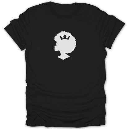 A black short-sleeved t-shirt featuring a white graphic of a woman profile with an afro and crown.