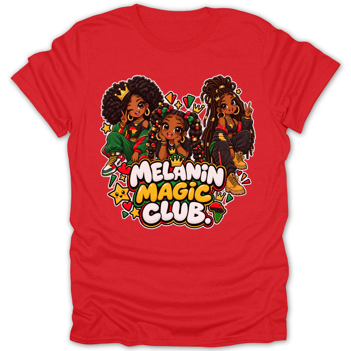 Red t-shirt with three cartoon girls and "Melanin Magic Club" text.
