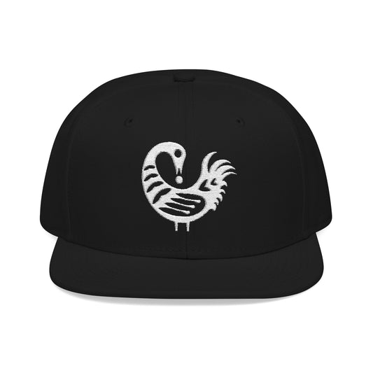 Black snapback hat with Sankofa symbol embroidered in white.