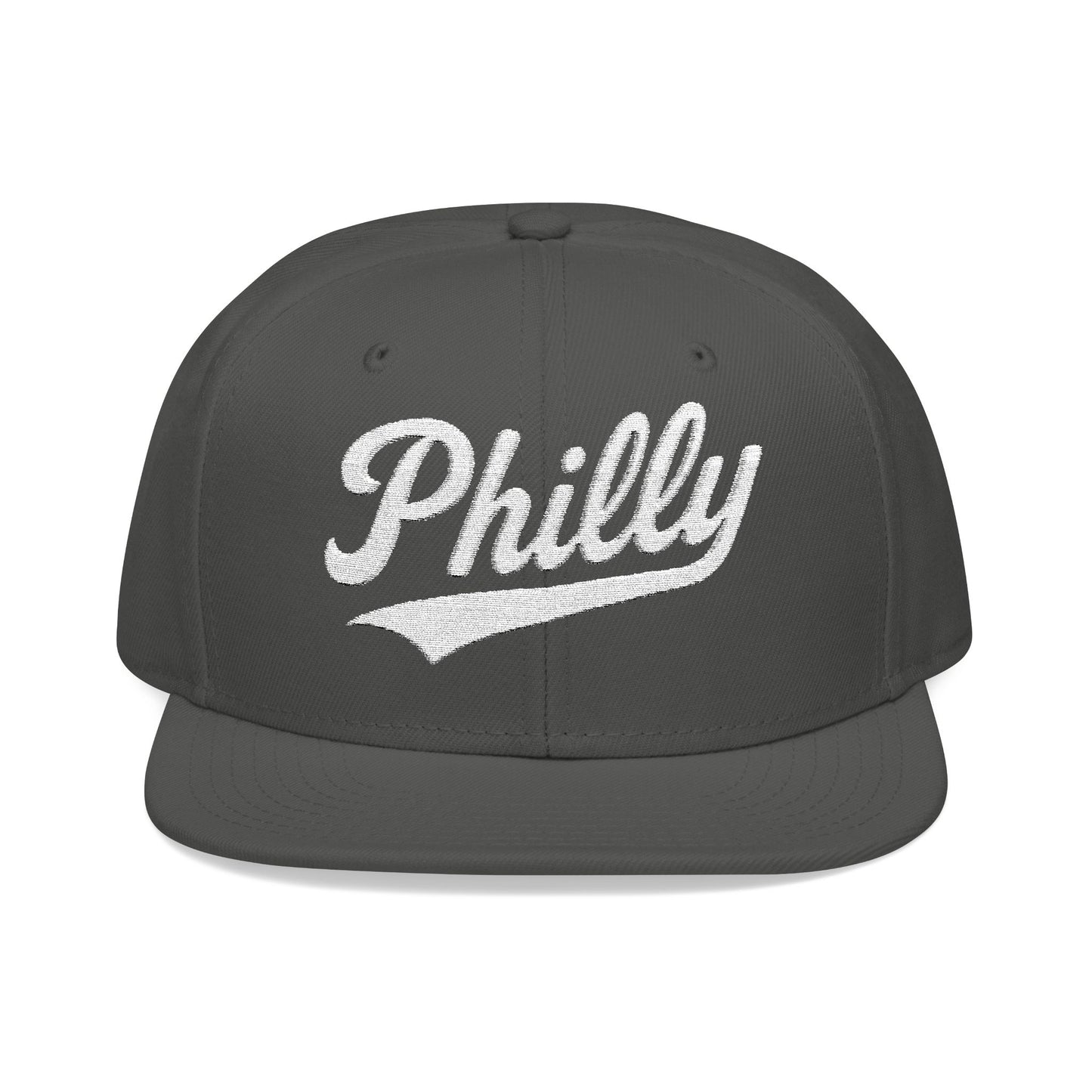 Dark grey snapback hat with white "Philly" script logo.