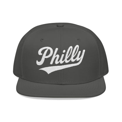 Dark grey snapback hat with white "Philly" script logo.