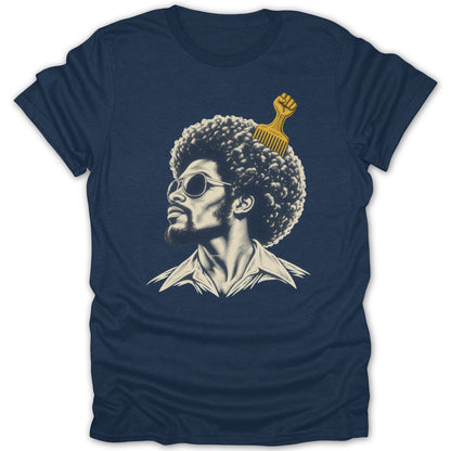 Dark blue t-shirt featuring a retro graphic of a man with an afro and a gold pick.