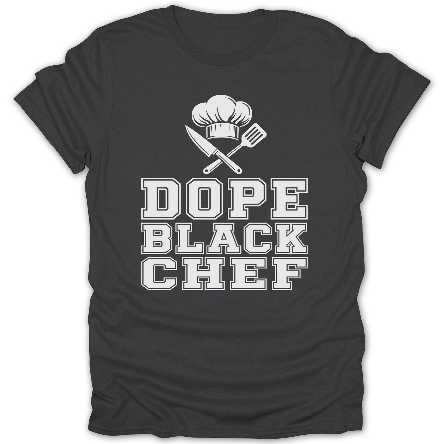Dark grey t-shirt with crossed knife, spatula, chef hat, and text "DOPE BLACK CHEF".