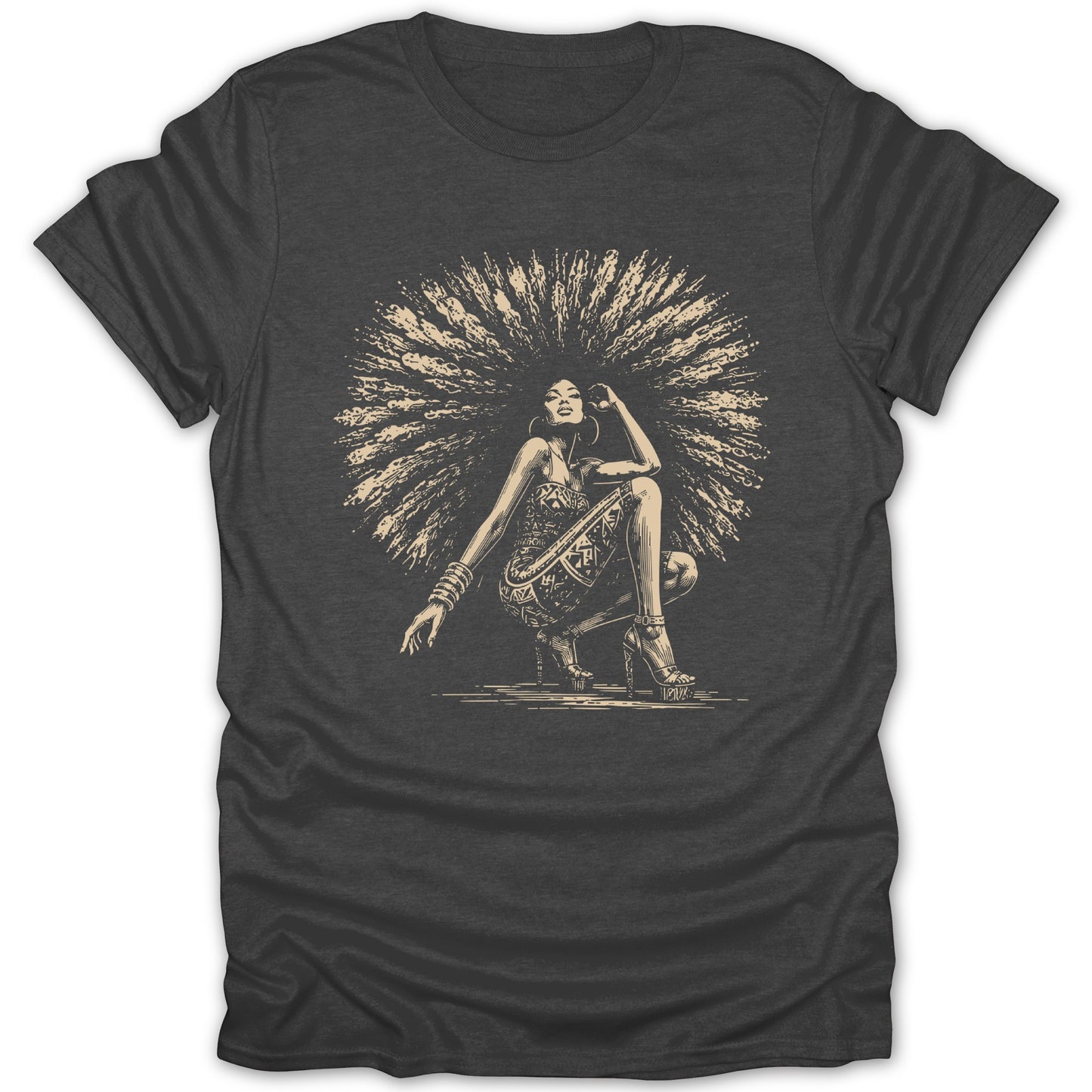 T-shirt with a detailed line art illustration of a woman with a large afro.